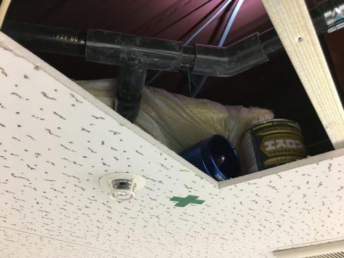 設備工事　天井裏の配管　スプリンクラーの給水配管